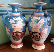 PAIR LARGE VINTAGE ORIENTAL BALUSTER VASES HAND PAINTED PEACOCKS SIGNED ~ 12"