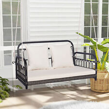 Hanging Swing Bench 2-Person Patio Wicker Swing Chair w/ Cushions-White