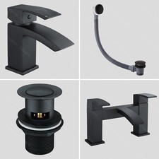 Black Bath Basin Tap Waterfall Mono Mixer Square Modern Faucet + Plug & Waste
