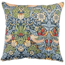 William Morris Vintage Strawberry Thief Tapestry Cushion in Marine Blue. 17x17"