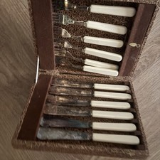 Antique Early 1900S Silver Plated Fish Cutlery Set Boxed With faux Bone Handles