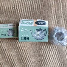 Swan Willow Pattern Teapot Sugar Bowl and Milk Jug Unused Excellent Condition