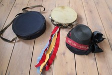 Vintage  Salvation Army Bonnet Hat and Tambourine in case. prop costume display