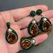 Zultanite Crystal Gem Inlay White Pearl Stud Earrings +Ring+Pendant Necklace Set