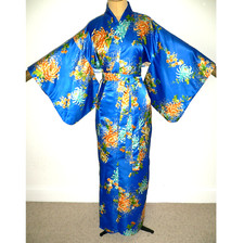 VINTAGE JAPANESE, KIMONO STYLE, BLUE, SILKY, DRESSING GOWN ROBE Chrysanthemums