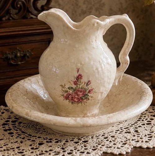Vtg ceramic floral wash jug - ceramic,