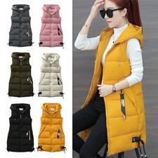 WOMENS LADIES LONG LINE HOODED PUFFER GILETS JACKET PADDED VEST TOP BODY WARMER