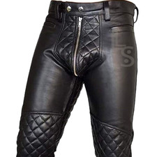REAL Black Cow Leather Padded Biker Pants Gay Kink Breeches Bondage, FOR MEN