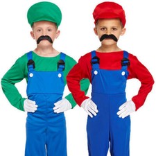 BOYS SUPER MARIO LUIGI WARIO WALUIGI FANCY DRESS WORKMAN COSTUME 4-12 YEARS