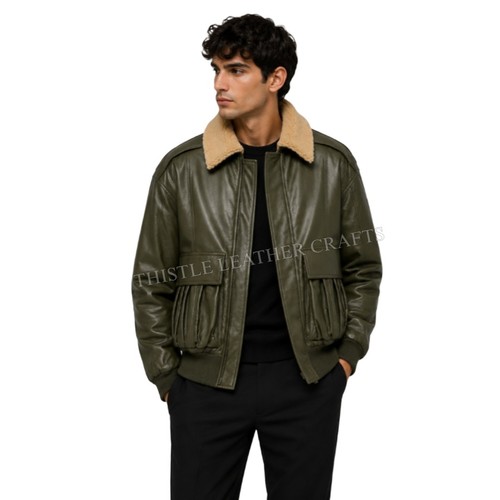 Olive green leather bomber - olive,