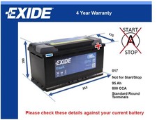 Car Battery EB950 Exide 017 800A 95Ah 4Yr Warranty 353x175x190 Excell