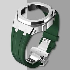 Casio G-Shock GA2100 Casioak Mod kit Green rubber strap with Silver steel case.
