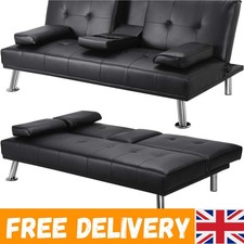 Compact Convertible Sofa Bed & Coffee Table with Drink Holders – Black Elegance