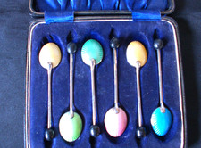 Boxed Set Of Six Solid Silver Enameled Coffee Bean Spoons Stunning Set