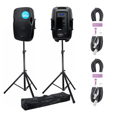 2 x Kam RZ12ABT 1000W Active Bluetooth PA Speakers with Stands & Cables