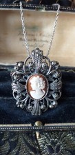 Antique Vintage 1930-s Sterling Silver 925 Large Cameo Pendant & 20 Inch Chain.