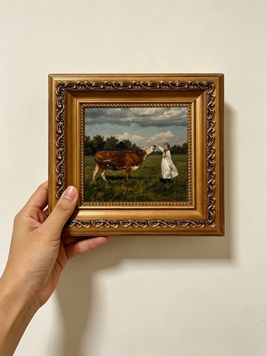 Woman and cow field art - cow,