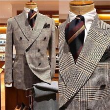 Houndstooth Men Suit Business Wide Peak Lapel Jacket Formal Double Breasted Coat