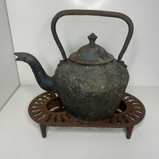 Antique Cast Iron Kettle on Trivet Rustic Collectable Teapot Vintage Decor