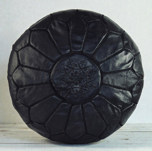 Moroccan black leather - moroccan, pouffe