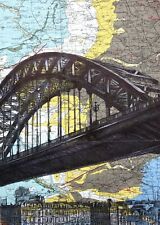 Tyne Bridge Pen Drawing Over Map Of Newcastle/ Gateshead. A4 Print Unframed