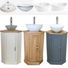 Bathroom Vanity Corner Unit | Oak Sink Cabinet | Ceramic Basin Tap & Plug Option