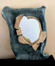 Vintage Brutalist Style Wall Mirror Unique Handcrafted  Dark Green Beige 16x9.5