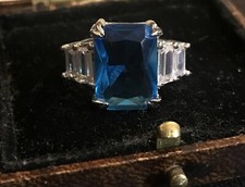 Vintage Style Blue Topaz And White Crystal Ring 18K White Gold Plated