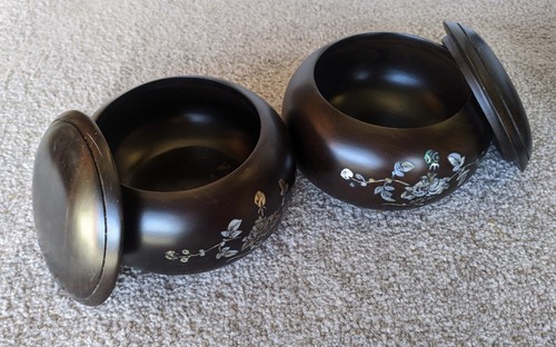 Pair inlaid hardwood bowls - pair, of