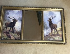 C19th Triptych Mirror Landseer Stags Monarch Of Glen Print Overmantle Mirror 