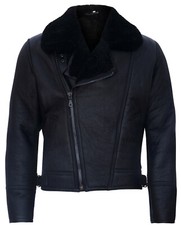 Men’s Aviator Cross Zip Shearling Sheepskin Black Leather Jacket