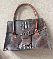 Vintage c1940s, Brown Genuine Crocodile Skin, Handbag w/ replacement handles.