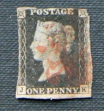 GB QV 1840 1d penny black SG2. Red maltese cross JK letters