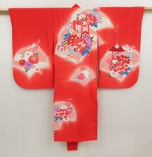 5105T03z360 Vintage Japanese Kimono Silk Girl's  Peony Tomato red