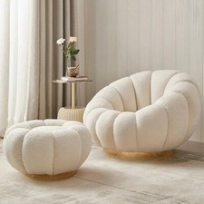 Boucle chair accent armchair with ottoman and gold swivel - white