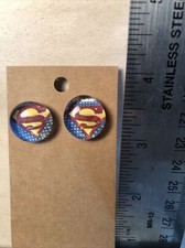 mens earrings stud super man symbol glass cabachon