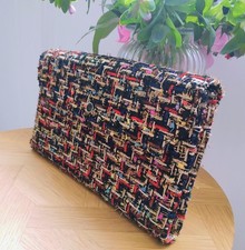 LK Bennett Dora clutch bag in black tweed gold accents strap evening wear VGC 