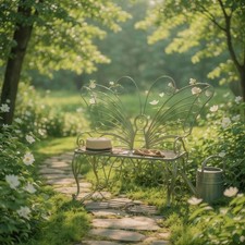 2 Seat Vintage Garden Butterfly Bench - Green Antique Finish, Wrought Iron