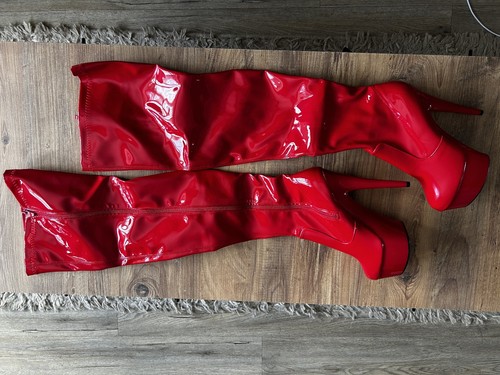 Red patent thigh - high, boots