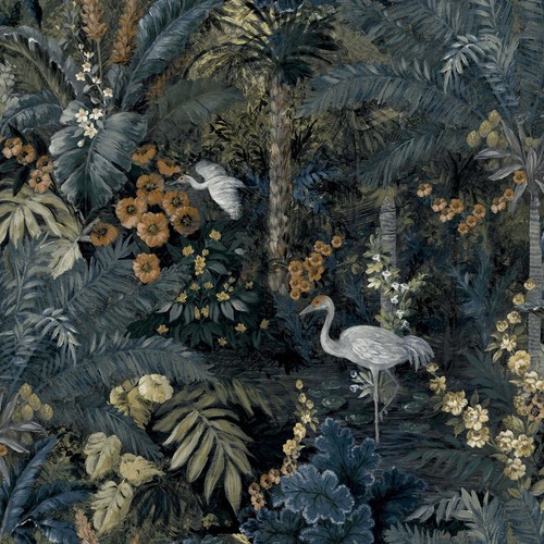 Navy jungle paradise - navy, wallpaper