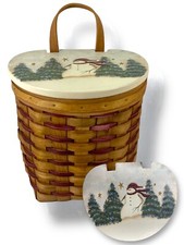 Woven Wooden Christmas Farmhouse Hanging Basket Winter Snowman Painted Wood Lid