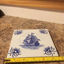 Royal Delft De Porceleyne Fles Tile Hand Painted Blue Galleon Ship
