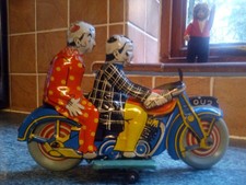 Nice Bright Mettoy Clown Motorcycle Pillion Bike Rare Tin Toy 40s Tinplate works