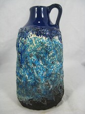 RARE 70's ROTH POTTERY FAT LAVA VASE with crusty blue & white glaze 16.5cm