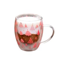 Pink Christmas Tree Decorated Double Wall Glass Mugs for Hot/Cold Beverages