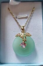 Green Jade Pendant Necklace   Crystal Flower Gold Chain Comes Gift Boxed 089
