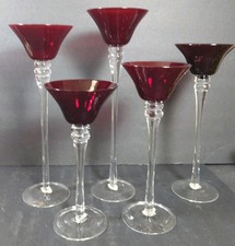5 Vintage Hand Blown Glass Tall Red Top Clear Stem Candle Holder Linens N Things