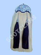 Scottish  Black Leather Kilt Sporran Synthetic White Horse Hair Thistle Chrome 