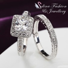 18K White Gold GP Cubic Zirconia Studded Square Cut Luxury Silver Ring Set
