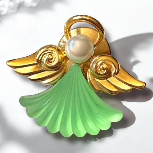 Angel brooch green lucite - green, gold